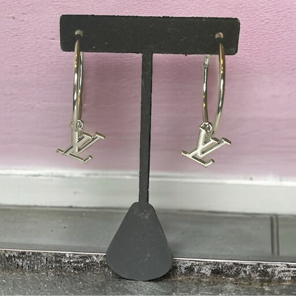 Upcycled Silver LV Louis Vuitton Stamped Charm 30mm Hoop Earrings - Picture 6 of 12